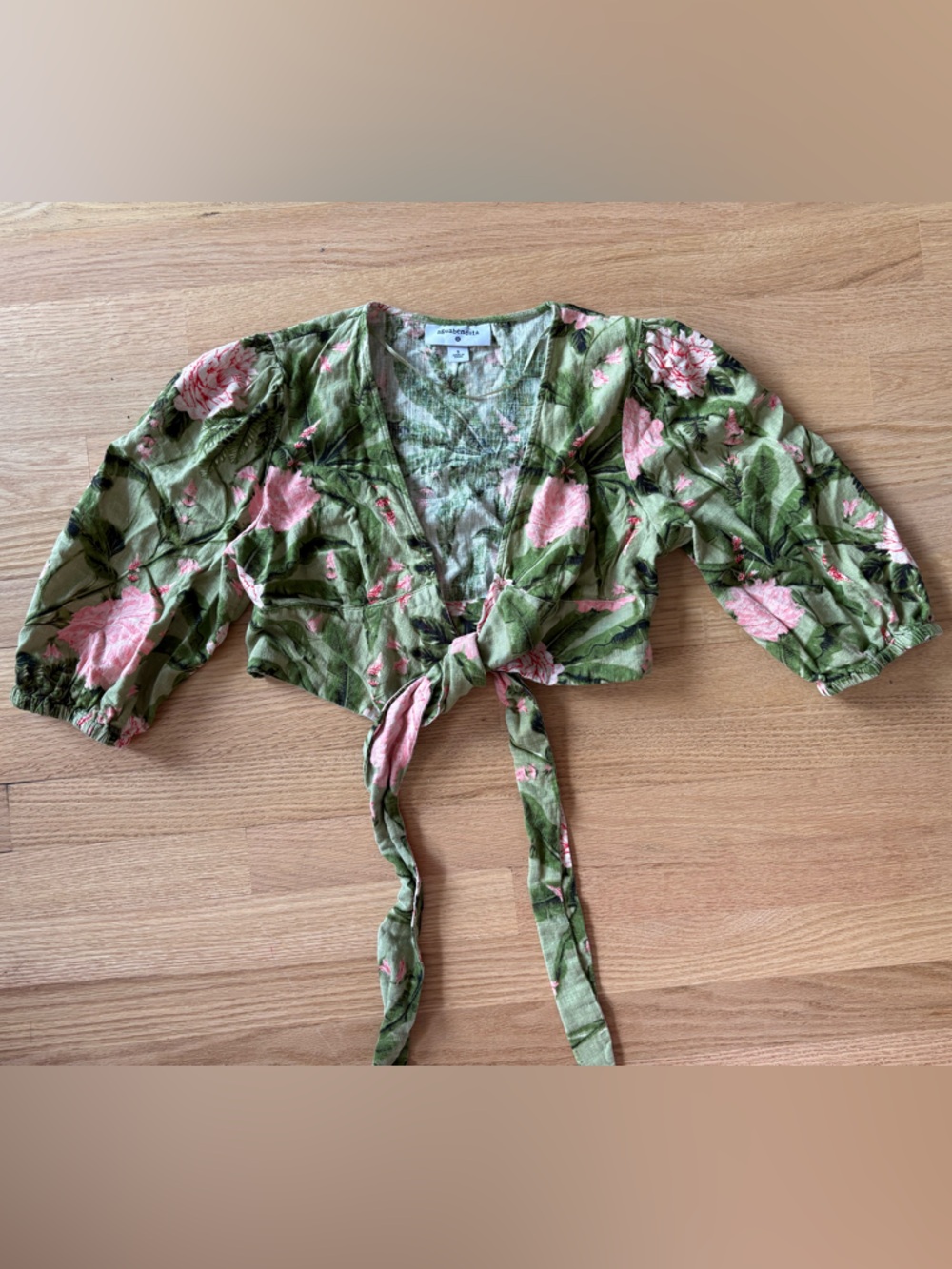 Agua Bendita Olive Green and Pink Floral Cropped Tie-Front Top